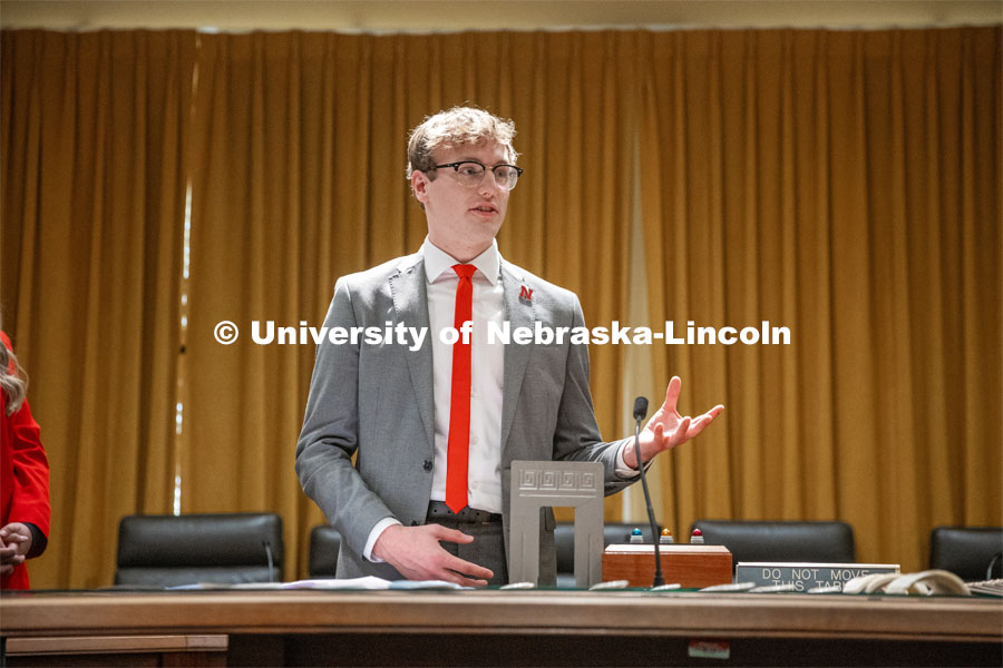 Student Body President and Student Regent, Paul Pechous gives his opening remarks for I Love NU Day at the Nebraska State Capitol. March 6, 2024. Photo by Kristen Labadie / University Communication.